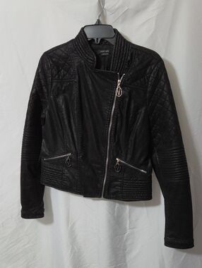 Black Quilted Asymmetric Zip-Up Faux Leather Jacket w/Pockets, Medium, Like New